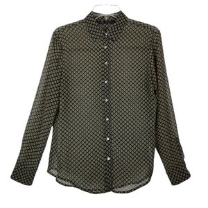 Zara Basic Sheer Print Button Up Blouse Womens Geometric Green Tan Size Medium